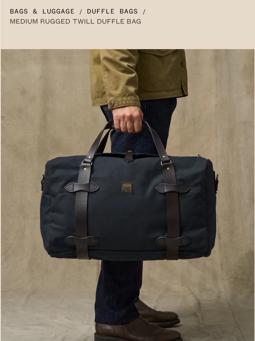 Rugged Twill Duffel Bag — Navy with Brown Leather Trim